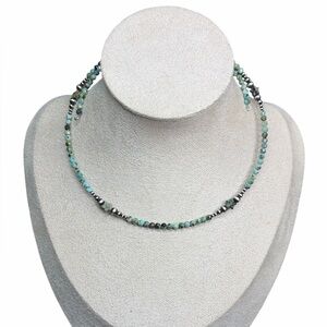 African Turquoise & Machine Made Sterling Pearl Memory Wire Necklace - 18”